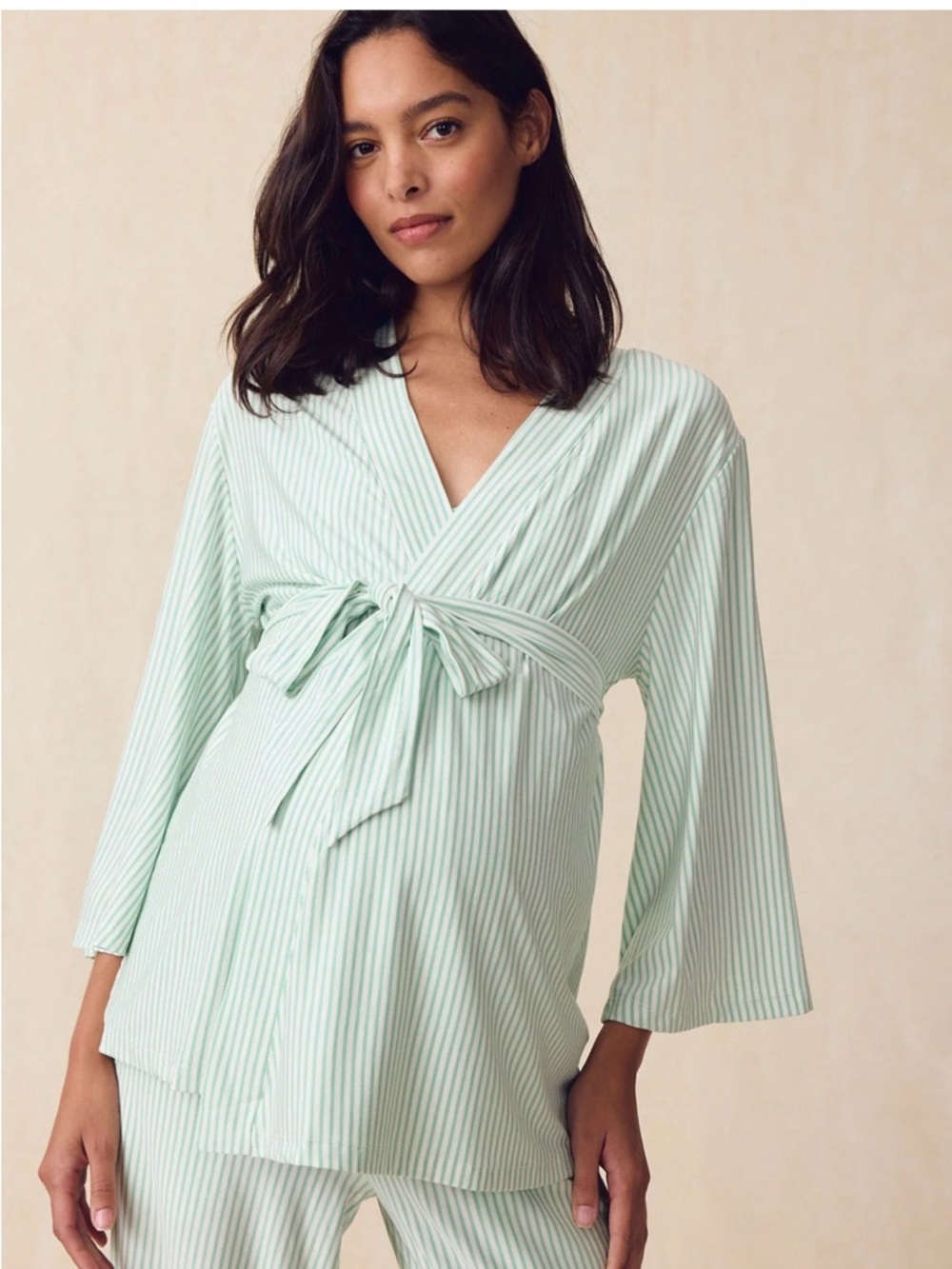 Maternity DreamModal™ Kimono Three-Piece Set in Parisian Green Pencil Stripe